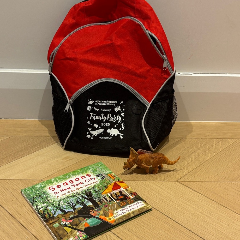 Red and Black Backpack with Dinosaur stuff I E/Toy and Book NEW